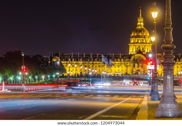 The\
National Residence of the Invalids by Night. Paris, France. Long\
Exposure Photography. The Lights of Passing\
Сars