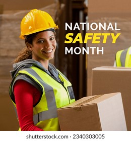 National safety month text by smiling biracial female warehouse worker holding cardboard package. digital composite, occupation, safety and awareness concept. - Powered by Shutterstock