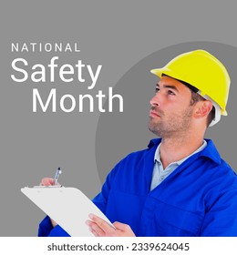 National safety month text with caucasian young male architect in workwear, copy space. composite image, safety, clipboard, protection, engineer, gray background. - Powered by Shutterstock