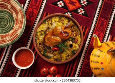 The national Saudi Arabian dish chicken kabsa with roasted chicken quarter and almonds