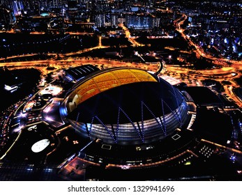 National Stadium Singapore Sports Hub Drone Shot Night