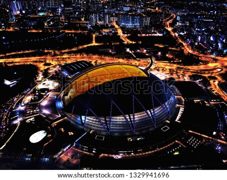 National Stadium Singapore Sports Hub Drone Shot Night