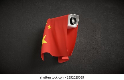 National Surveillance. Security Camera With The Flag Of China.