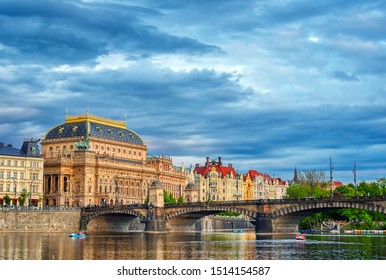 The National Theatre located in Prague, Czech Republic on the Vltava River.