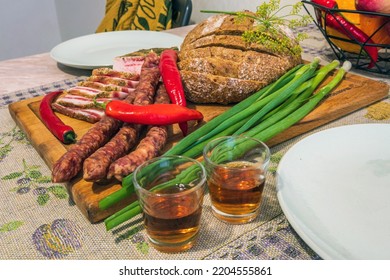 National Ukrainian Food, Lard, Green Onion, Helb, Cognac, Red Hot Pepper, Dill On The Table