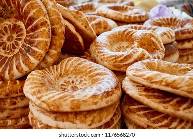 National uzbek bread sold in the market - Samarkand, Uzbekistan.