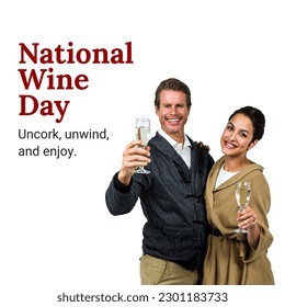 National wine day, uncork, unwind and enjoy text over biracial couple with wineglasses, copy space. White background, composite, love, together, alcohol, wine, drink, enjoyment and celebration. - Powered by Shutterstock
