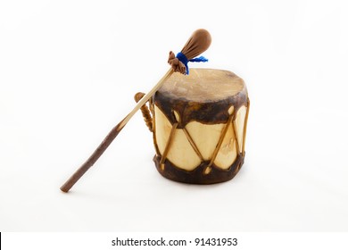 Native American Drum And Stick Isolated On White