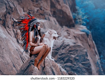 Native American Indian woman. The huntress sits on the rock with the wolf and looks into the distance. Dog Alaskan Malamute. On the girl beads, leather skirt, ethnic jewelry.