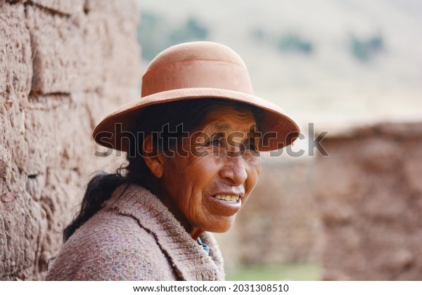 Native american\
old woman in the\
countryside.