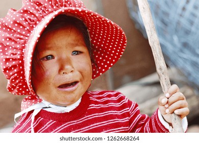 Native American Toddler Girl Crying Outdoor.