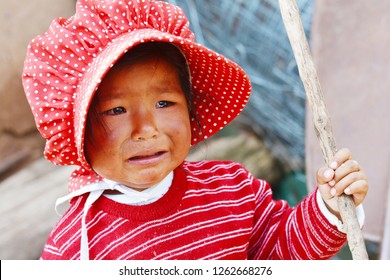 Native American Toddler Girl Crying Outdoor.