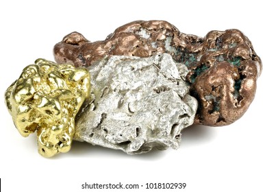 native gold, silver and copper nuggets isolated on white background