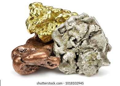 native gold, silver and copper nuggets isolated on white background