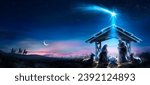 Nativity Of Jesus Christ - Comet Star And Stable - Scene With The Holy Family In Desert At Night - Abstract Defocused Background