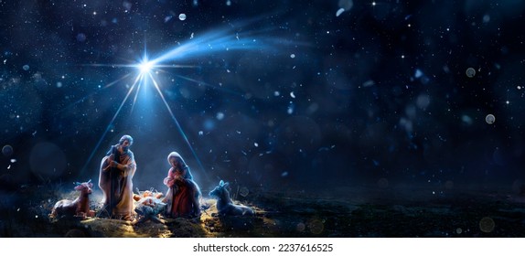 Nativity Of Jesus With Comet Star - Scene With The Holy Family In Snowy Night And Starry Sky - Abstract Defocused Background - Shutterstock ID 2237616525