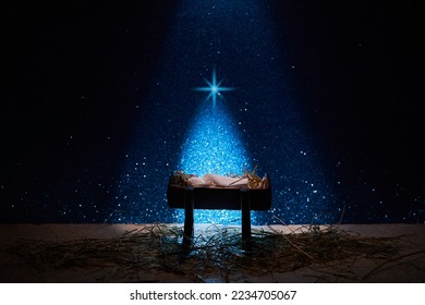 Nativity of Jesus, empty manger at night with bright lights. - Shutterstock ID 2234705067