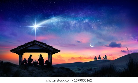 Рождество Иисуса - сцена со святым семейством с кометой на рассвете
