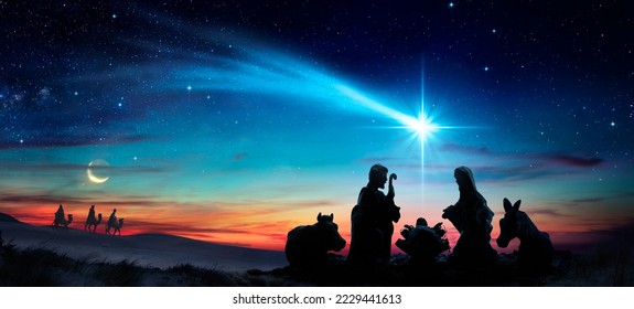 Nativity Of Jesus - Scene With Holy Family Under Comet Star - Shutterstock ID 2229441613