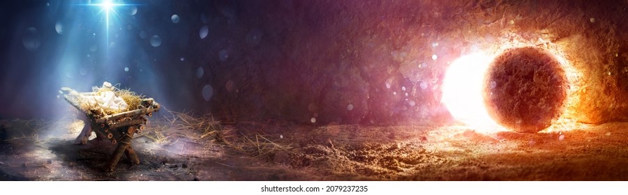 Nativity And Resurrection - Manger And Empty Tomb With Abstract Defocused Lights - Story Of Jesus - Shutterstock ID 2079237235