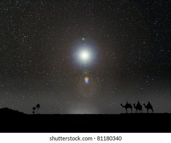 Nativity Scene With 3 Wise Men And The Christmas Star.