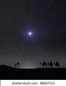 Nativity Scene With 3 Wise Men And The Christmas Star.