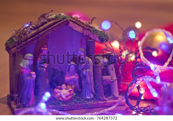 Nativity Scene Christmas Crib Lights Decorations Stock Photo Edit