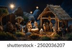 Nativity scene as a Christmas miniature. Highlight the holy family with intricate details in a small, rustic stable, surrounded by gentle animals and a glowing star above.