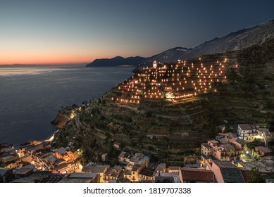 Nativity scene created using lights in the hills in Manarola one of the five lands on the sunset