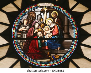 Nativity scene, stained glass, Church of St. Catherine, Bethlehem - Powered by Shutterstock