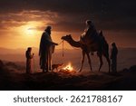 nativity scene with wise men and camels in the desert