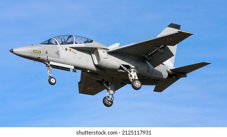 NATO Air Force Training Base - Deblin, Poland Feb.27.2019: Alenia Aermacchi M-346. The first solo flight as new pilot comprises that pilot completing a takeoff, short flight and and safe landing.