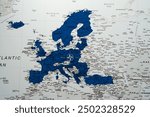 NATO alliance flag on Europe map. North Atlantic Treaty Organization. High quality photo