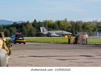 NATO Days, Ostrava, Czech Republic.
September 22nd, 2019:

McDonnell Douglas CF-188 Hornet military aircraft from Royal Canadian Air Force. Side view on take-off down Leoš Janáček Airport runway