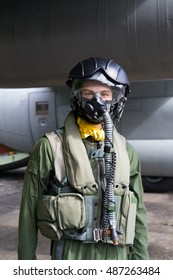 NATO DAYS, OSTRAVA, CZECH REPUBLIC - SEPTEMBER 18, 2016: Figurine Of Fighter Pilot In Front Of Military Plane. Mannequin Is Wearing Flight Suit - Helmet, Mask For Breathing, Overall, Vest