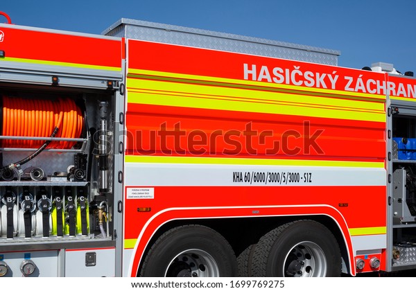 NATO Days, Ostrava, Czech Republic - September\
15, 2018: Equipment and tool in fire truck and fire engine.\
Emergency service in the Czechia. Text on the vehicle (translation\
from Czech: Fire rescue).