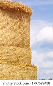 Natural Agricultural Background.Round Bales Of Hay Are Stacked In A Row Against The Sky.Close Up.Rural Farming.The Grain Harvest, And Harvesting.vertical Orientation.