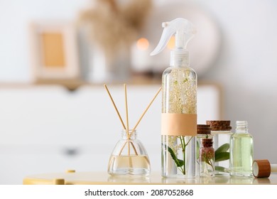 Natural Air Freshener And Essential Oil On Table In Room