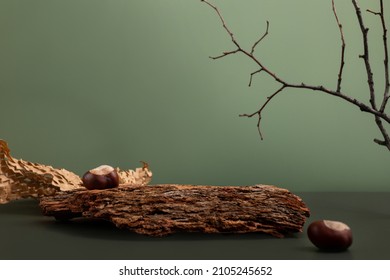 Natural background podium for cosmetic products created from wood, bark and paper on green background.Creative modern still life - Shutterstock ID 2105245652