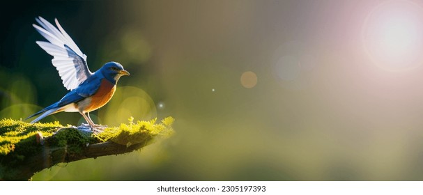 Natural background and a small blue bird perched on a branch with a small moss tree, covered in the forest by water against the yellow light of the background of the spring morning sun - Shutterstock ID 2305197393