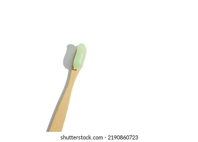 Natural Bamboo Toothbrush On White Background Isolated. Overhead, Copy Space