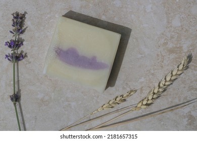 Natural Bar Soap For Healthy Skin And Hair. Hydrating Cleansing Bar On Stone Textured Plain Background.