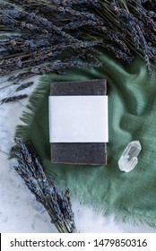 Natural Bar Soap Made With Lavender Essential Oil On A Green Cloth With A Crystal, Handmade Soap, Handmade Soap With Blank Label, Mockup Label Flat Lay