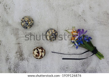 natural bath balls with dry plants. bunch of first spring crocus flowers with dark blue ribbon nearby. concrete texture background. minimalist aesthetic, top view, copy space 