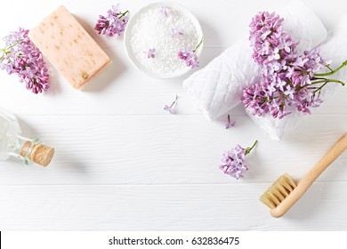 Natural Bath Salt, Soap, Cotton Towels And Lilac Flowers (symbolic Image). Spa At Home. Healthy Lifestyle. Flatlay