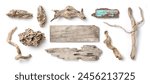 natural beach, sea or summer decoration or home decor, collection of driftwood isolated over a white background, washed out roots, twigs, boards, signs, and small pieces with holes, top view