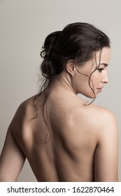 Natural Beauty Concept Young Woman With Wet Hair In Bun Profile And Back Studio Shot 