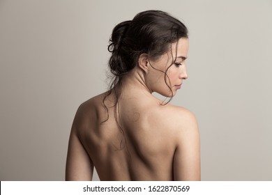 Natural Beauty Concept Young Woman With Wet Hair In Bun Profile And Back Studio Shot 