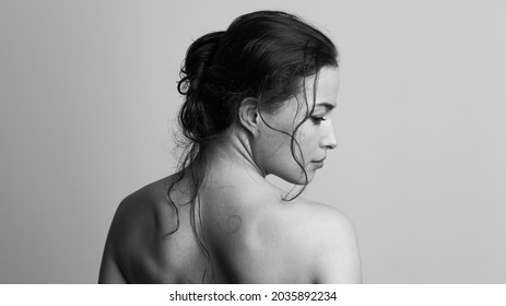 Natural Beauty Concept Young Woman With  Hair In Bun Profile And Back Studio Shot 