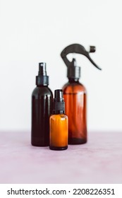 Natural Beauty And Organic Ingredients In Skincare, Apothecary Skincare Bottles And Scent Spray On Pink Background